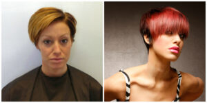 Brunette Red Cut and Color Before and After